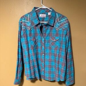 Women’s Turquoise and Red Plaid Button Down Weatern Shirt